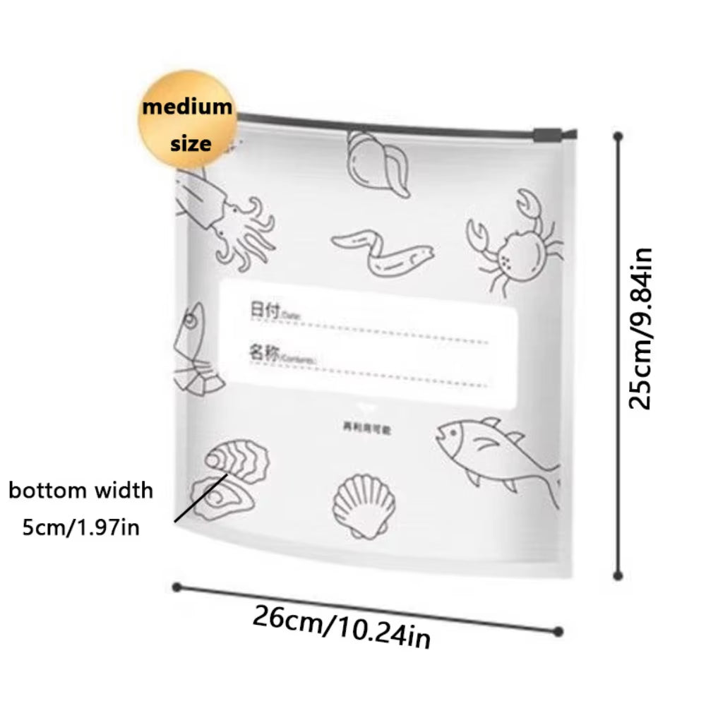 Medium-sized transparent ziplock food storage bag with sea creature illustrations and labeled date and contents fields, designed for freezing seafood and eco-friendly kitchen organization.