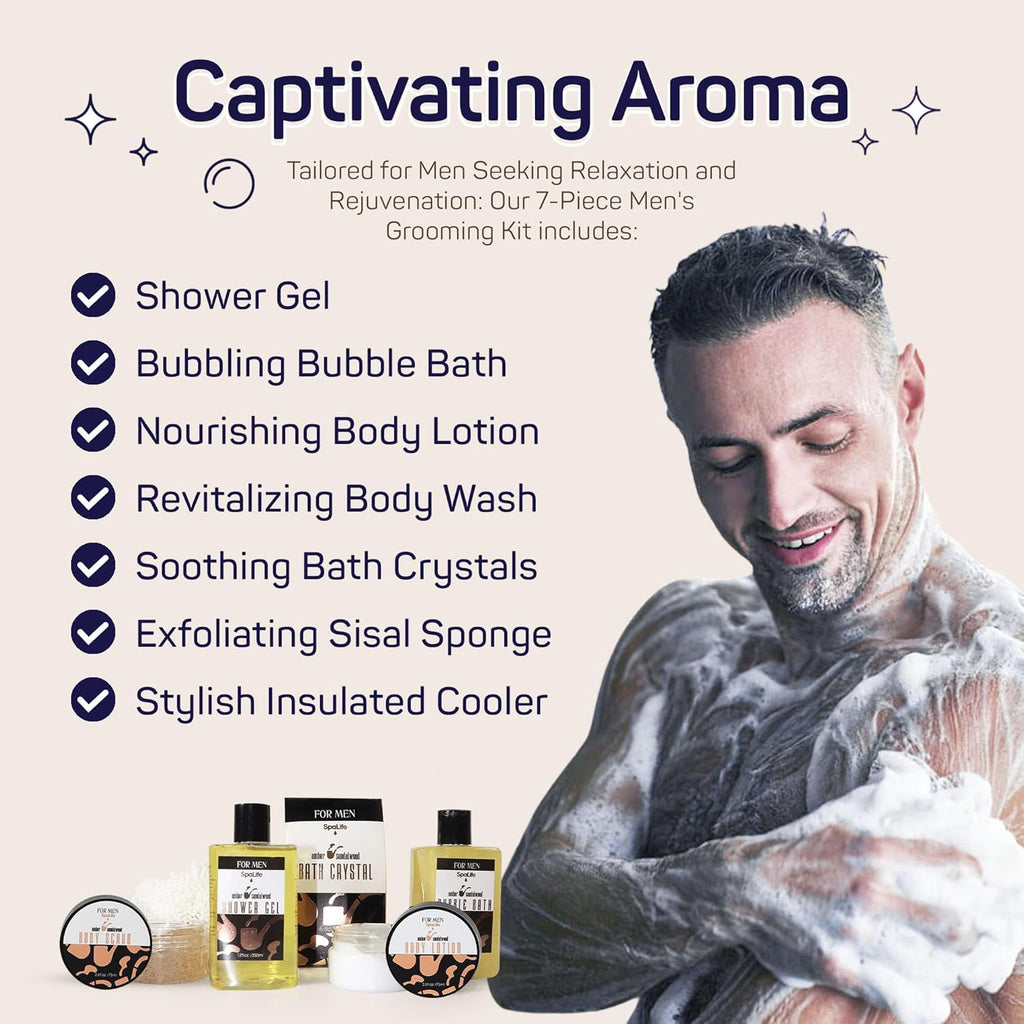 Man covered in soap suds with SpaLife 7-piece sandalwood grooming kit—includes shower gel, bubble bath, lotion, body wash, bath crystals, sponge, and cooler.