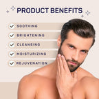 Shirtless man with glowing skin showcasing skincare benefits: soothing, brightening, cleansing, moisturizing, and rejuvenation.