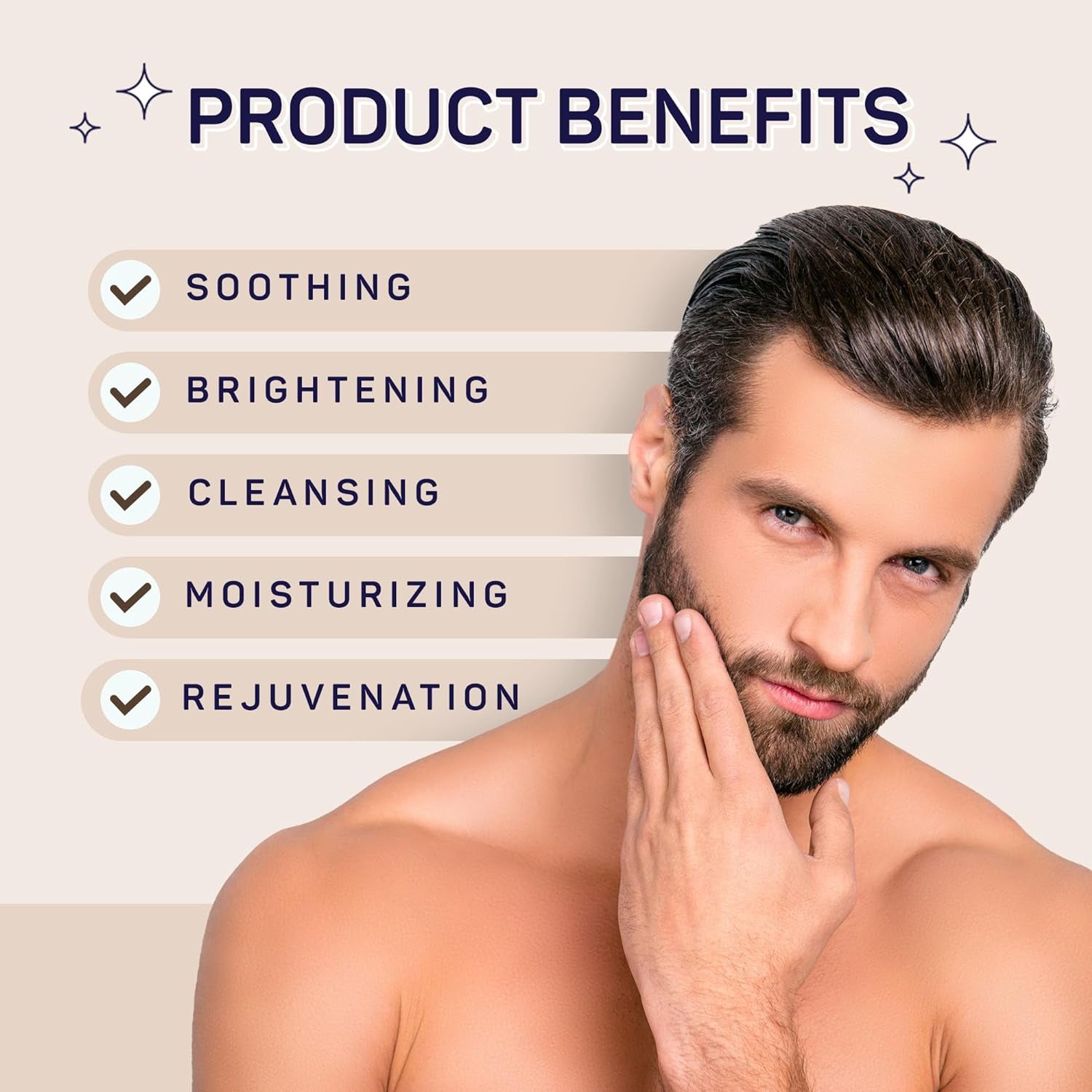 Shirtless man with glowing skin showcasing skincare benefits: soothing, brightening, cleansing, moisturizing, and rejuvenation.