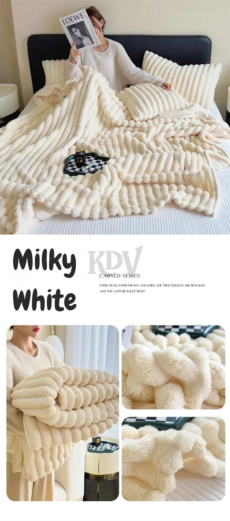Milky White ribbed plush blanket shown in lifestyle and close-up views—soft, cozy, warm, and multifunctional for bed, sofa, or travel use