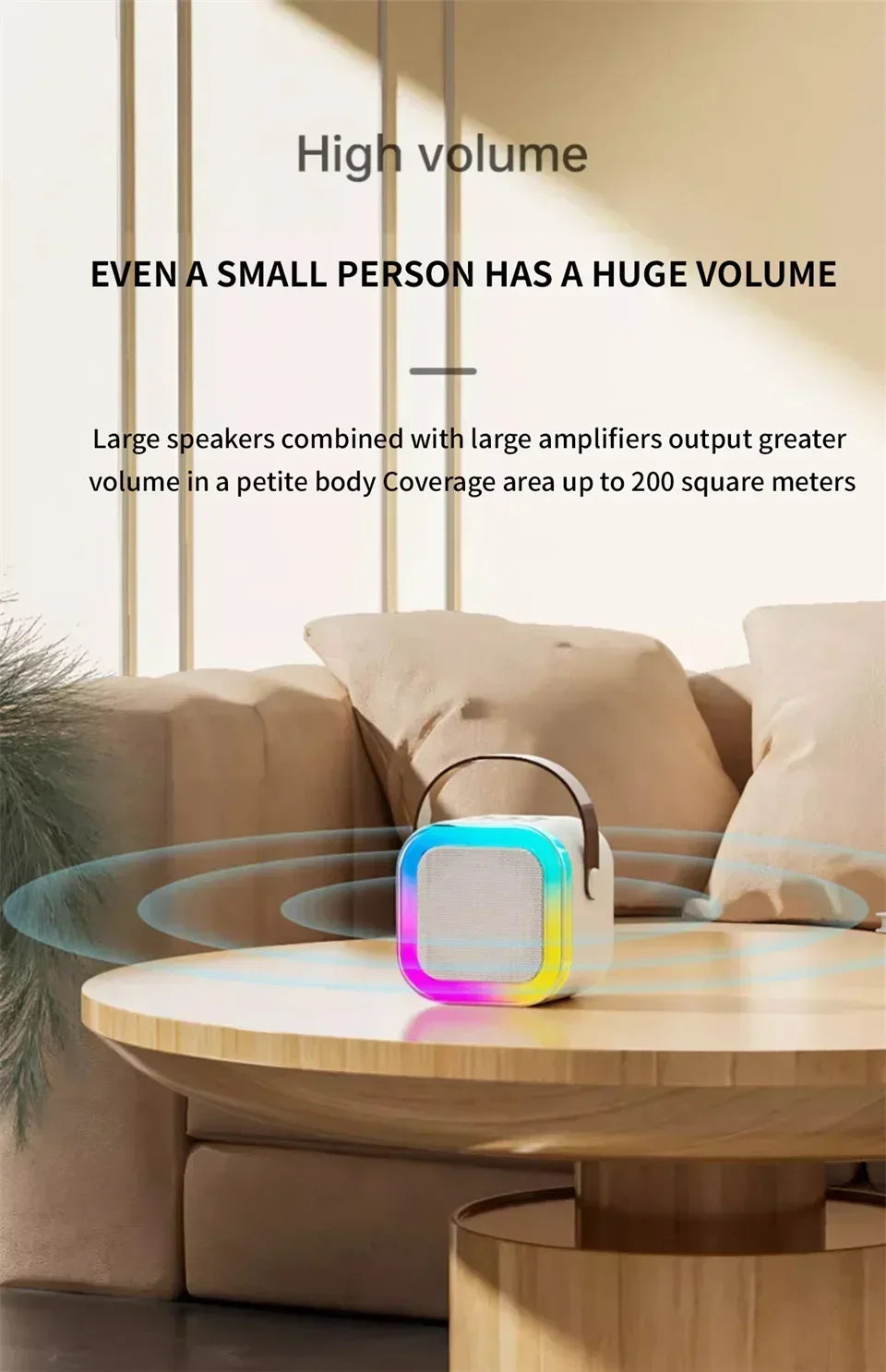 Mini karaoke speaker with LED light border and high-volume output—compact design with large amplifiers for sound coverage up to 200 square meters in cozy home settings