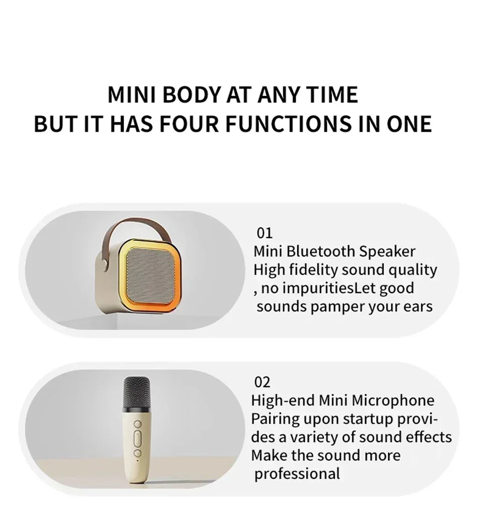 Promotional image showcasing mini Bluetooth speaker and high-end microphone—compact 4-in-1 audio device with high fidelity sound and professional voice effects