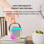 mini portable speaker with genuine leather handle and LED light border—lightweight, durable, and perfect for indoor or outdoor music moments