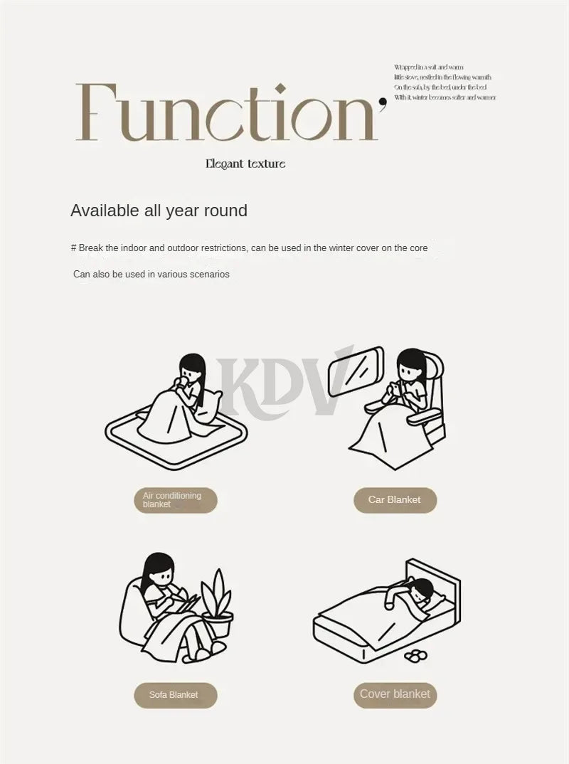 Illustrated guide showing four uses of a multifunctional plush blanket—air-conditioning, car, sofa, and bed—highlighting soft texture, warmth retention, and all-season versatility