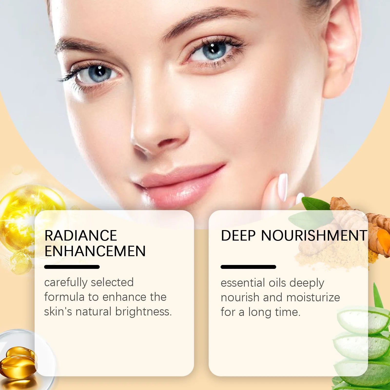Close-up of glowing skin with turmeric, aloe vera, ginger, and oil capsules—radiance enhancement and deep nourishment benefits