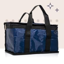 Navy insulated lunch bag with black handles—waterproof cooler tote for food storage and daily transport