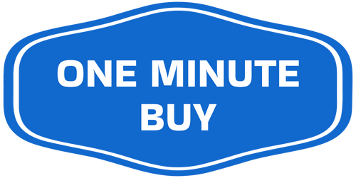 Blue hexagonal sign with 'ONE MINUTE BUY' text on a gray background
