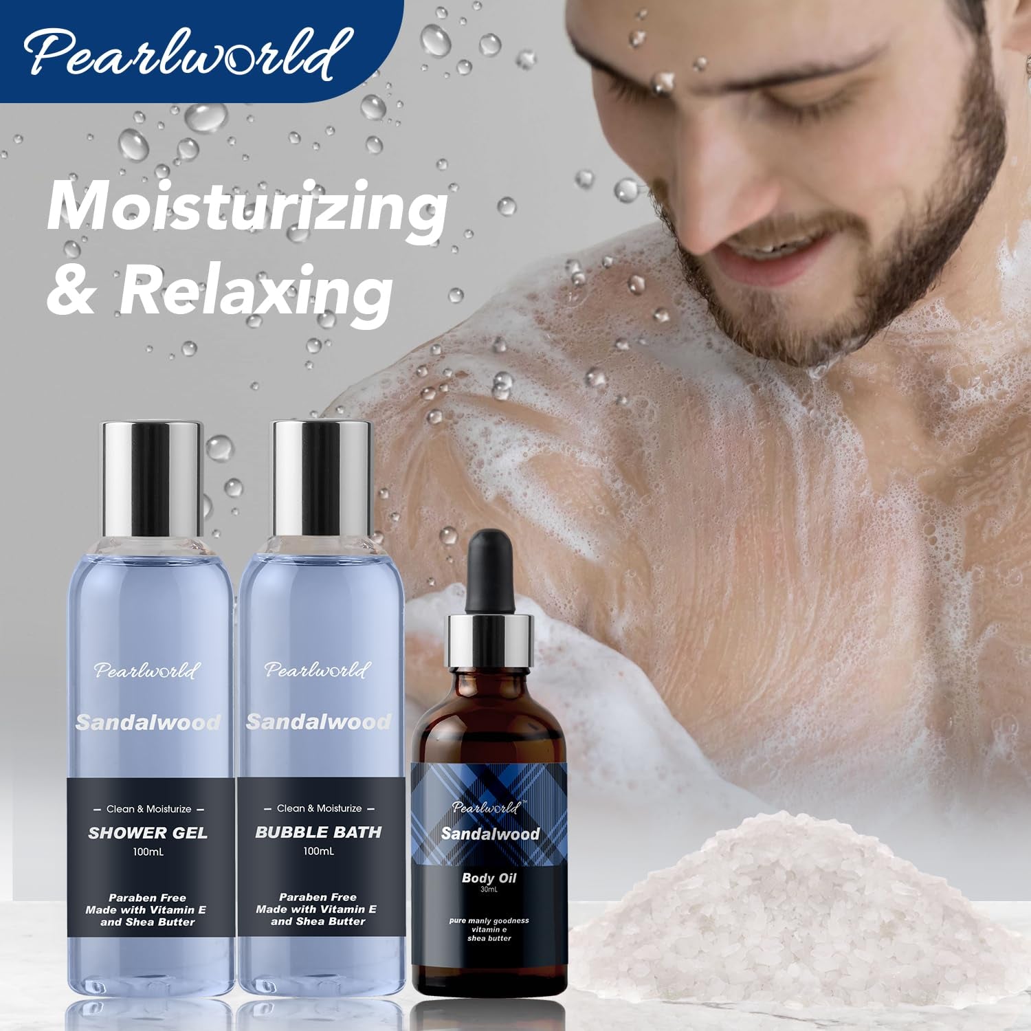 Pearlworld Sandalwood bath set—includes shower gel, bubble bath, and body oil shown in relaxing bath scene with moisturizing and calming benefits