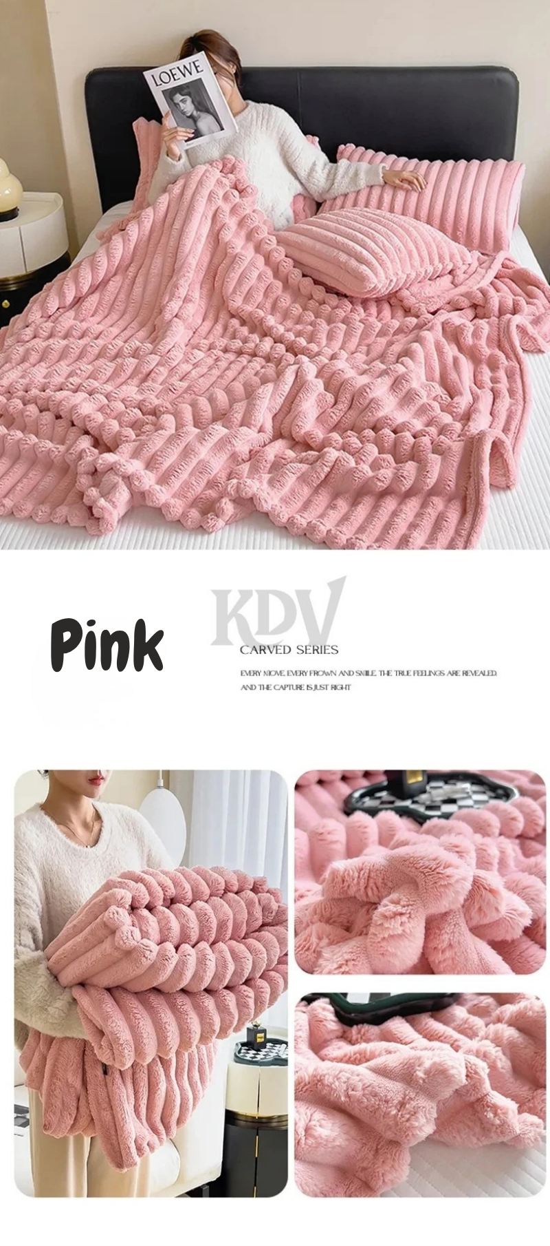 Pink ribbed plush blanket shown in lifestyle and close-up views—soft, cozy, warm, and multifunctional for bed, sofa, or travel use