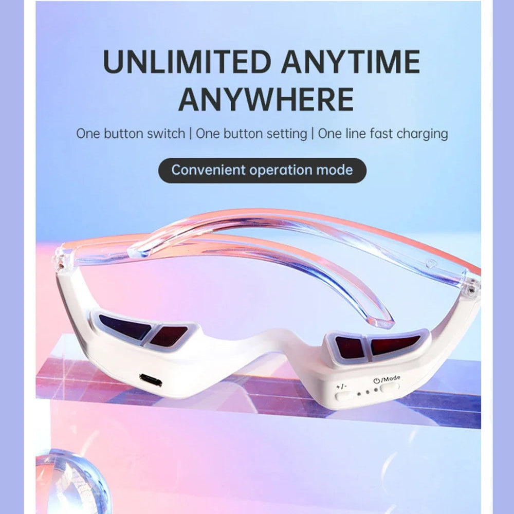 Portable EMS red light eye massager glasses with one-button operation and fast USB charging for anytime, anywhere eye care