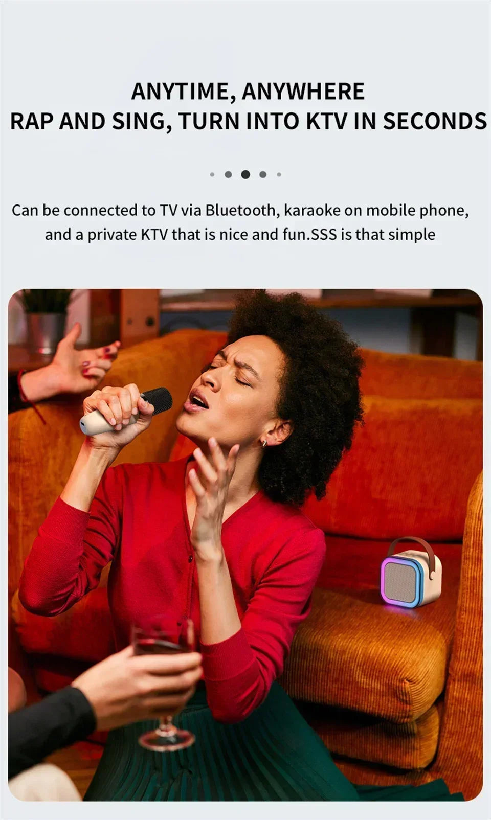 Group enjoying karaoke with portable Bluetooth speaker and wireless microphone—compact setup for home entertainment, mobile phone pairing, and instant KTV experience