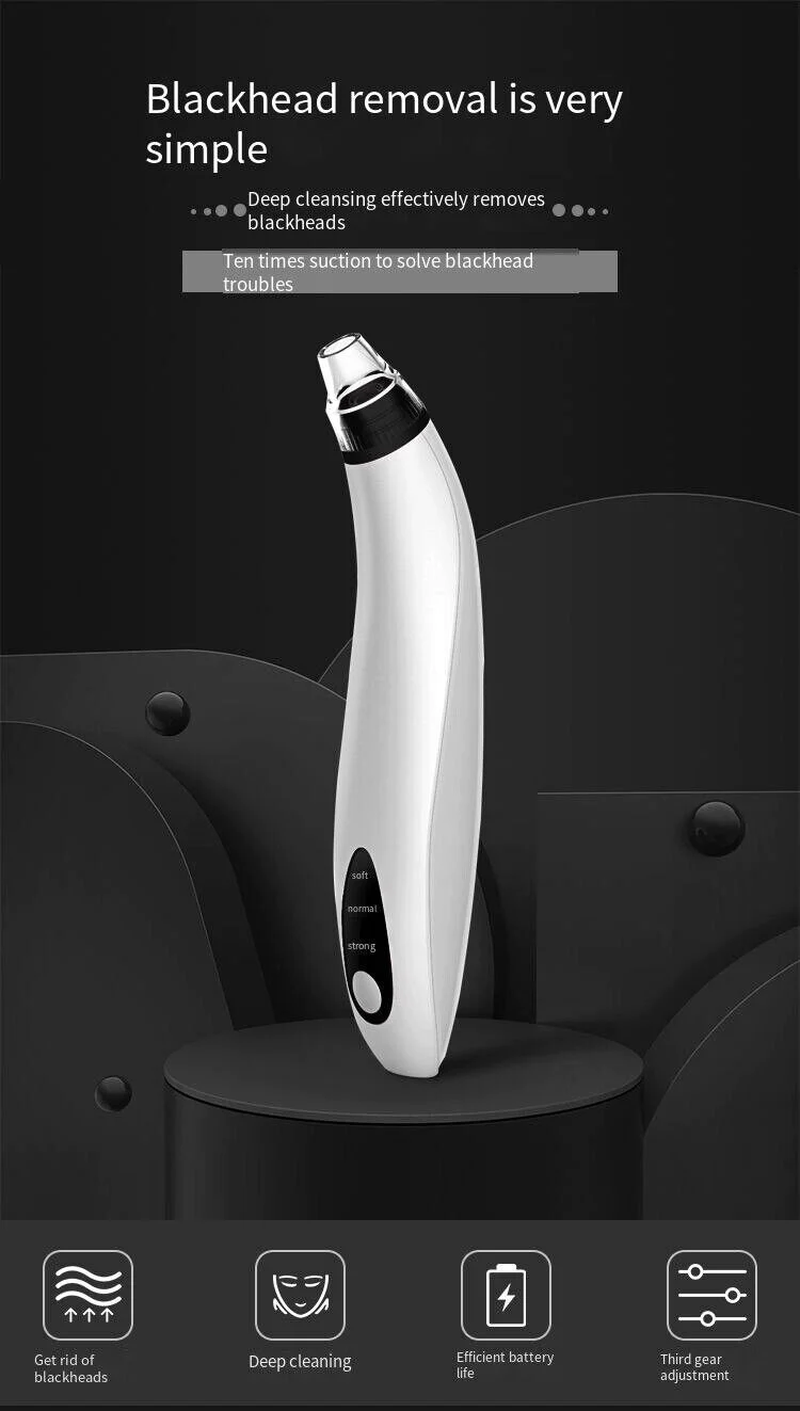 Sleek electric blackhead remover vacuum with deep suction, efficient battery life, and pore tightening benefits for clearer skin.