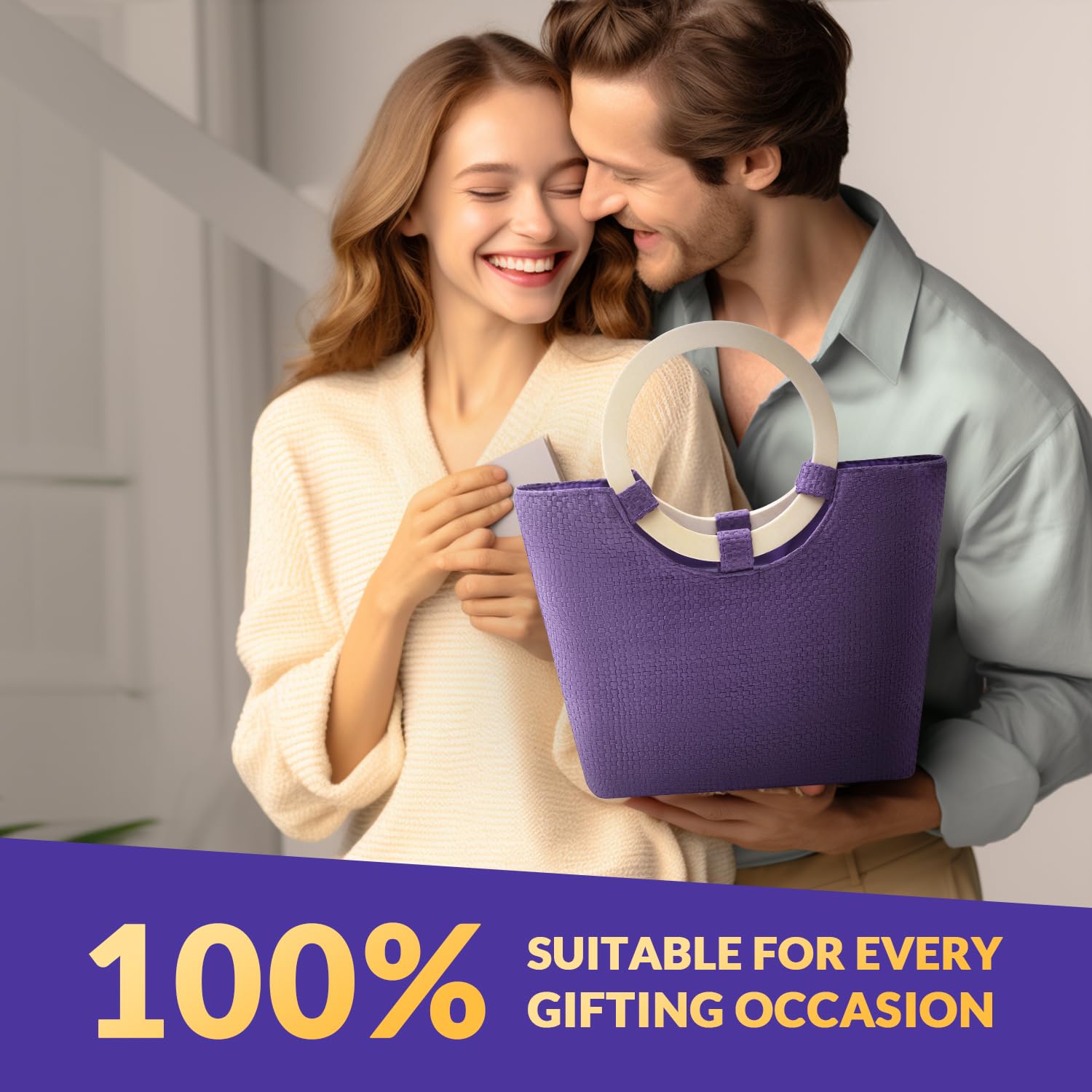 Couple exchanging purple gift tote bag with circular handles and card—perfect for birthdays, holidays, and heartfelt moments in warm indoor setting