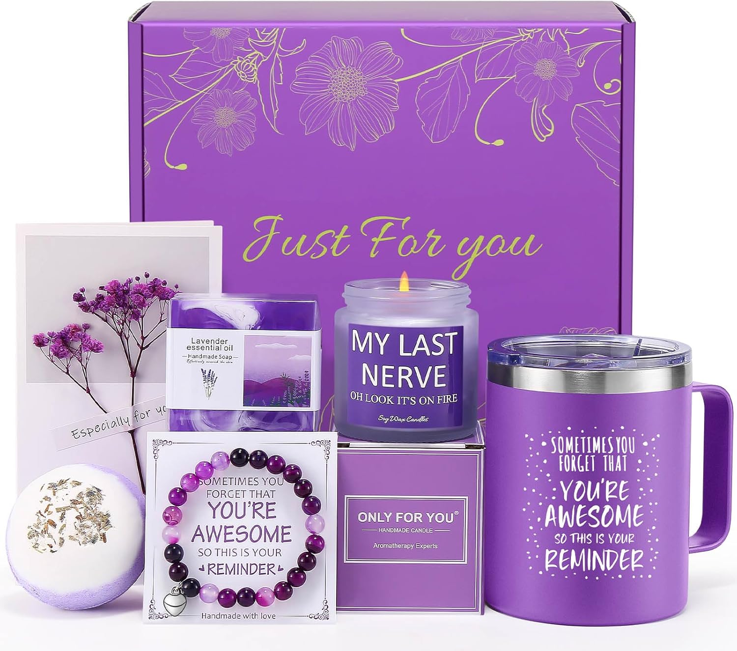 Purple-themed spa gift set with insulated tumbler, soy candle, bracelet, bath bomb, and dried flowers—arranged in front of floral “Just For You” box, perfect for birthdays, encouragement, and self-care