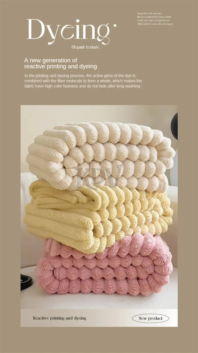 Stack of pastel-colored plush fabrics—cream, yellow, and pink—highlighting reactive dyeing process for high color fastness and soft, elegant texture