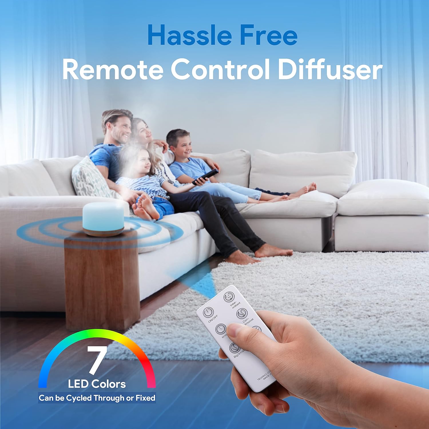 Remote control diffuser in modern living room—family on sofa, hand operating device with wireless signal and 7 LED color options