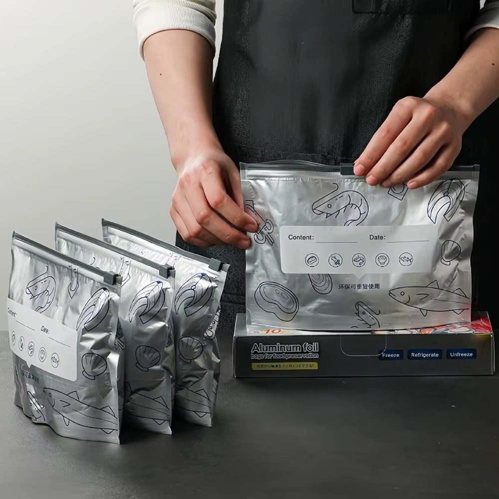 Person handling reusable aluminum foil seafood storage bags with labeled date and content fields, designed for freezing and refrigeration, shown with packaging box on kitchen counter.
