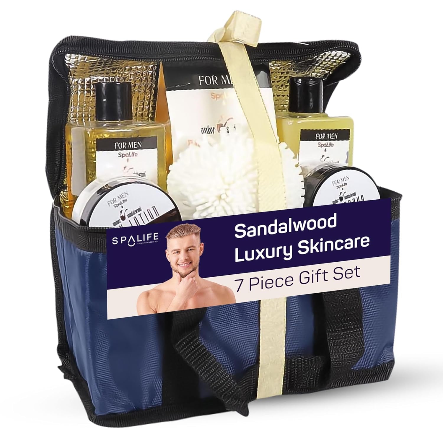 Sandalwood 7-piece men’s skincare gift set in reusable toiletry bag with body wash, lotion, sponge, and grooming essentials.