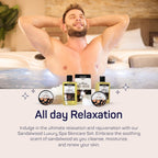 Man relaxing in hot tub with SpaLife sandalwood skincare set—includes face scrub, body wash, and soothing products for all-day rejuvenation.