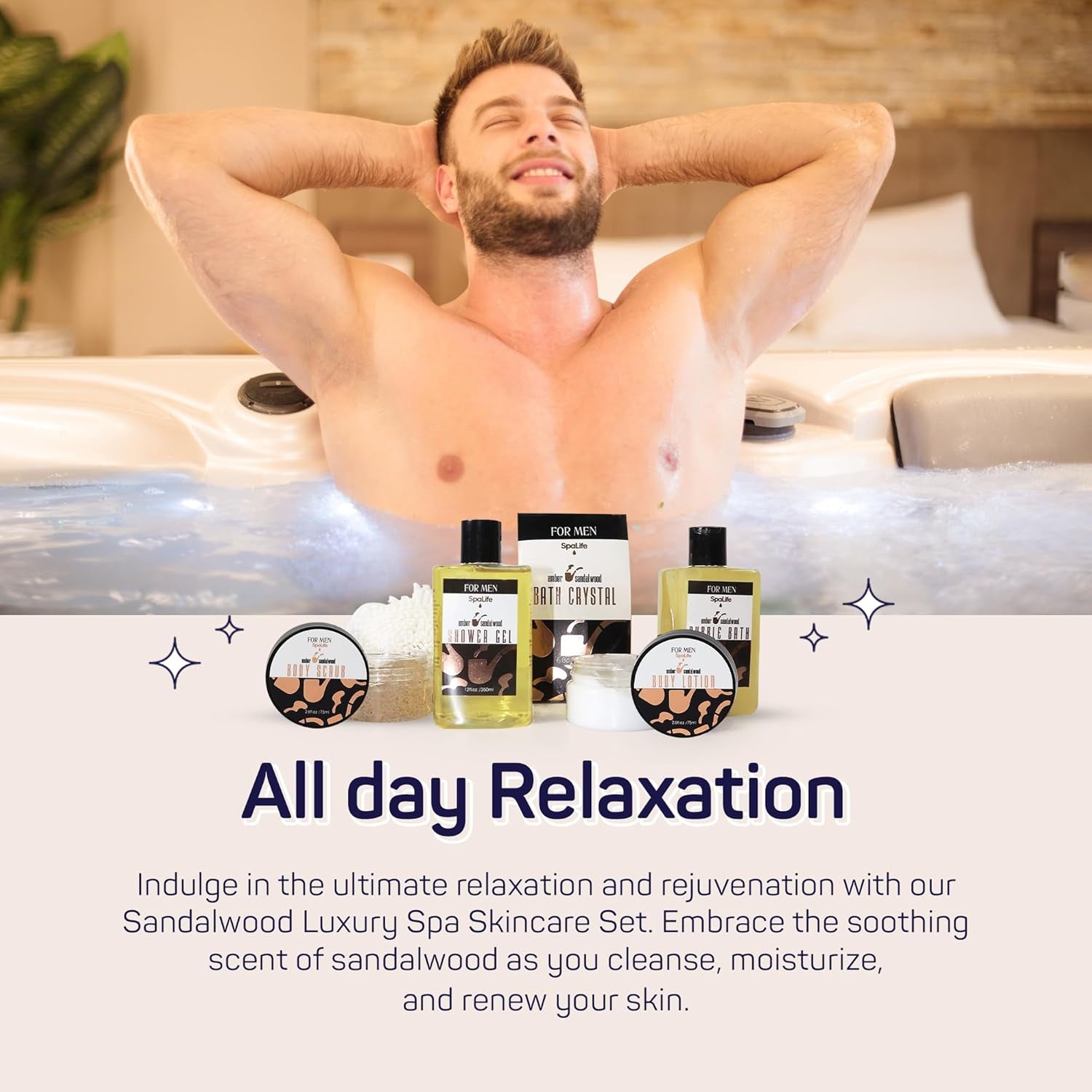 Man relaxing in hot tub with SpaLife sandalwood skincare set—includes face scrub, body wash, and soothing products for all-day rejuvenation.