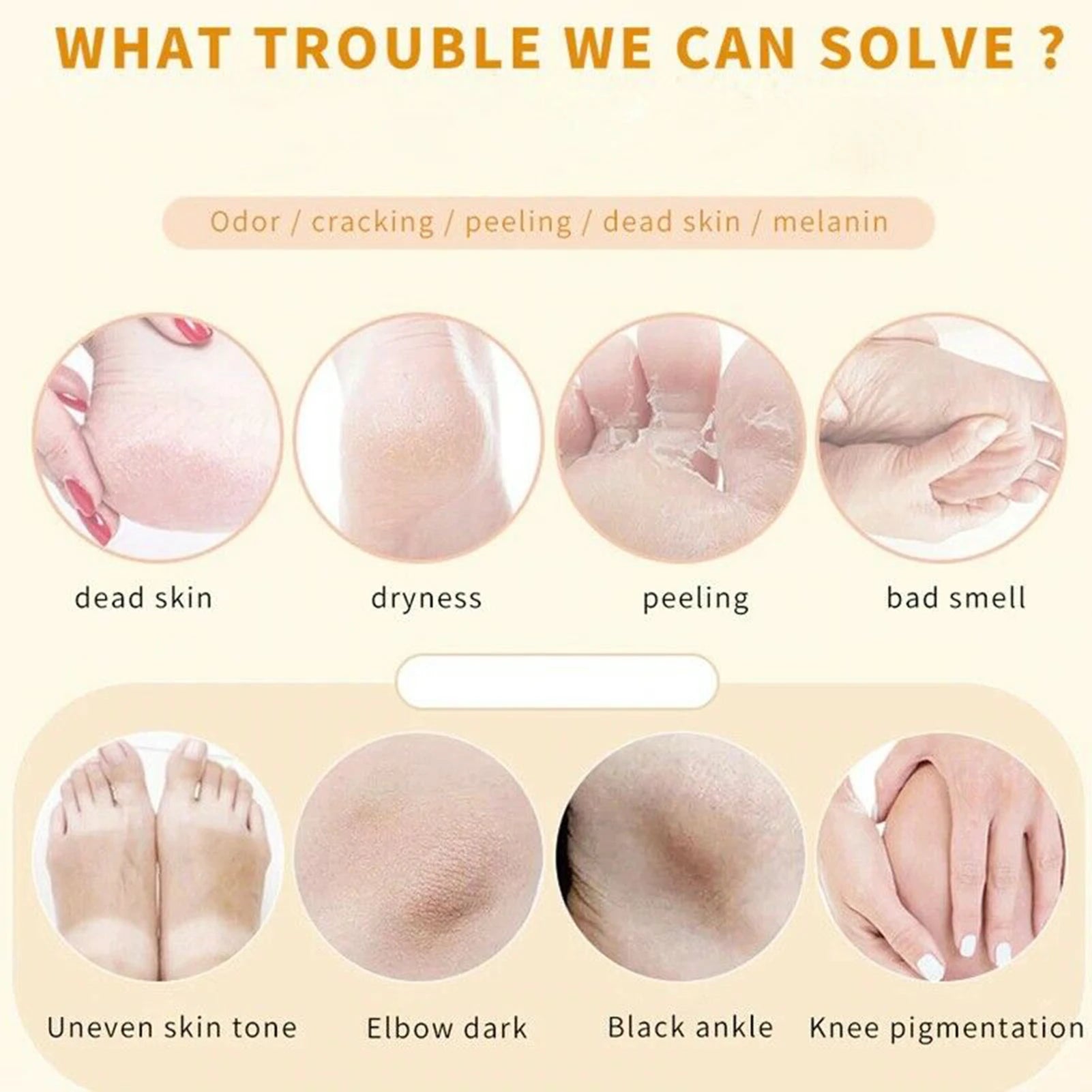 Infographic showing skin issues like dead skin, dryness, peeling, odor, uneven tone, dark elbows, black ankles, and knee pigmentation