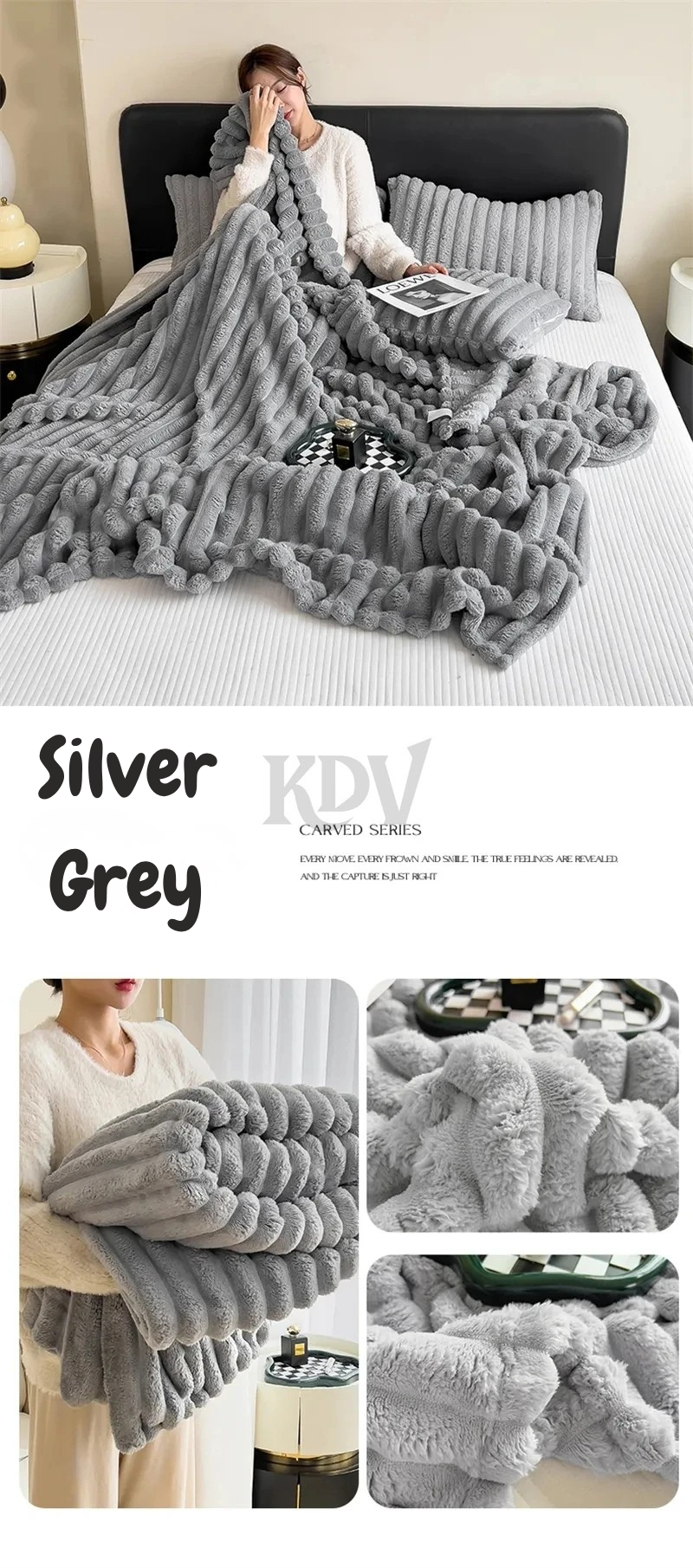 Sliver grey ribbed plush blanket shown in lifestyle and close-up views—soft, cozy, warm, and multifunctional for bed, sofa, or travel use