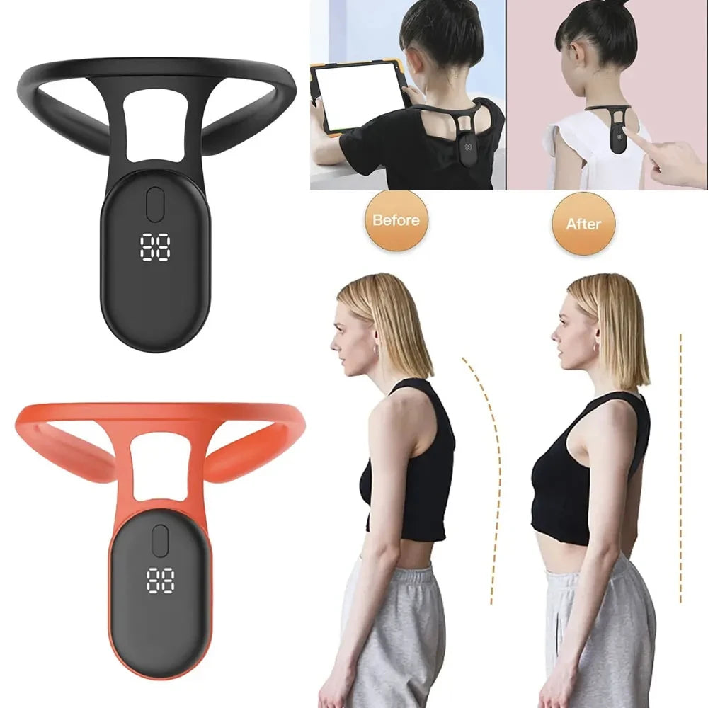 Smart posture corrector in black and red with digital display—shown on adults and kids with before-and-after posture improvement comparisons