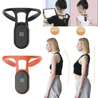 Smart posture corrector in black and red with digital display—shown on adults and kids with before-and-after posture improvement comparisons