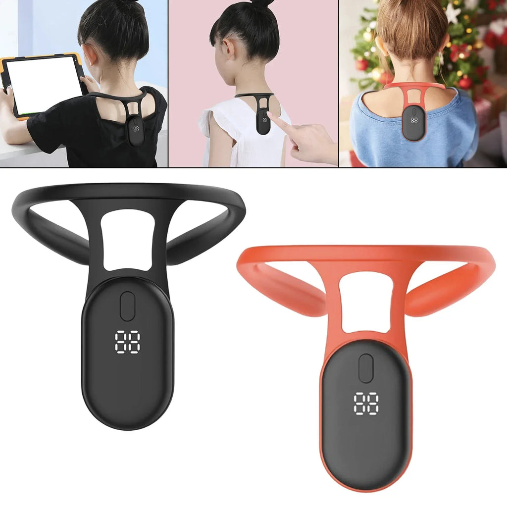 Smart posture corrector in black and red shown on users in daily settings—wearable back support device with digital display for posture improvement