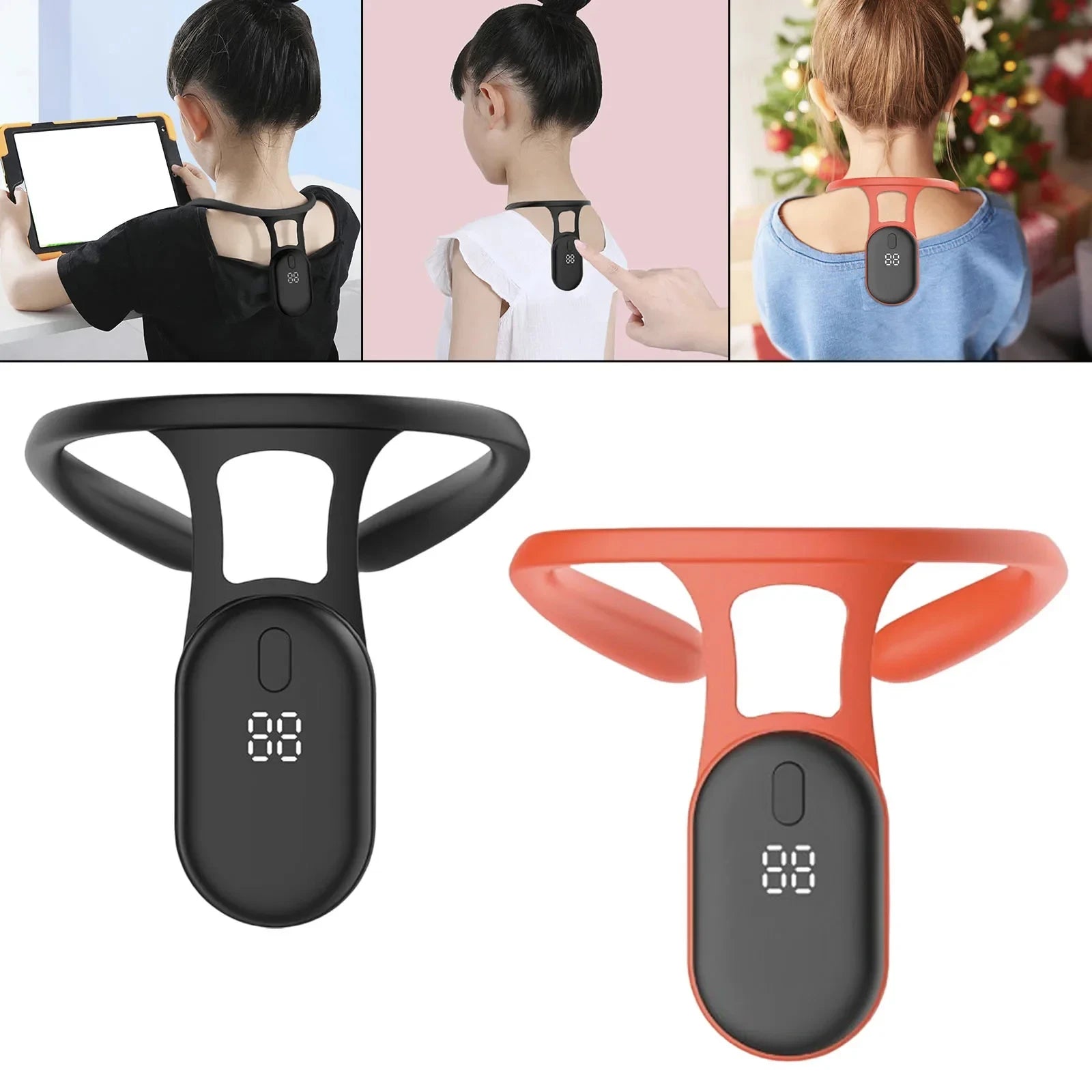 Smart posture corrector in black and red shown on users in daily settings—wearable back support device with digital display for posture improvement