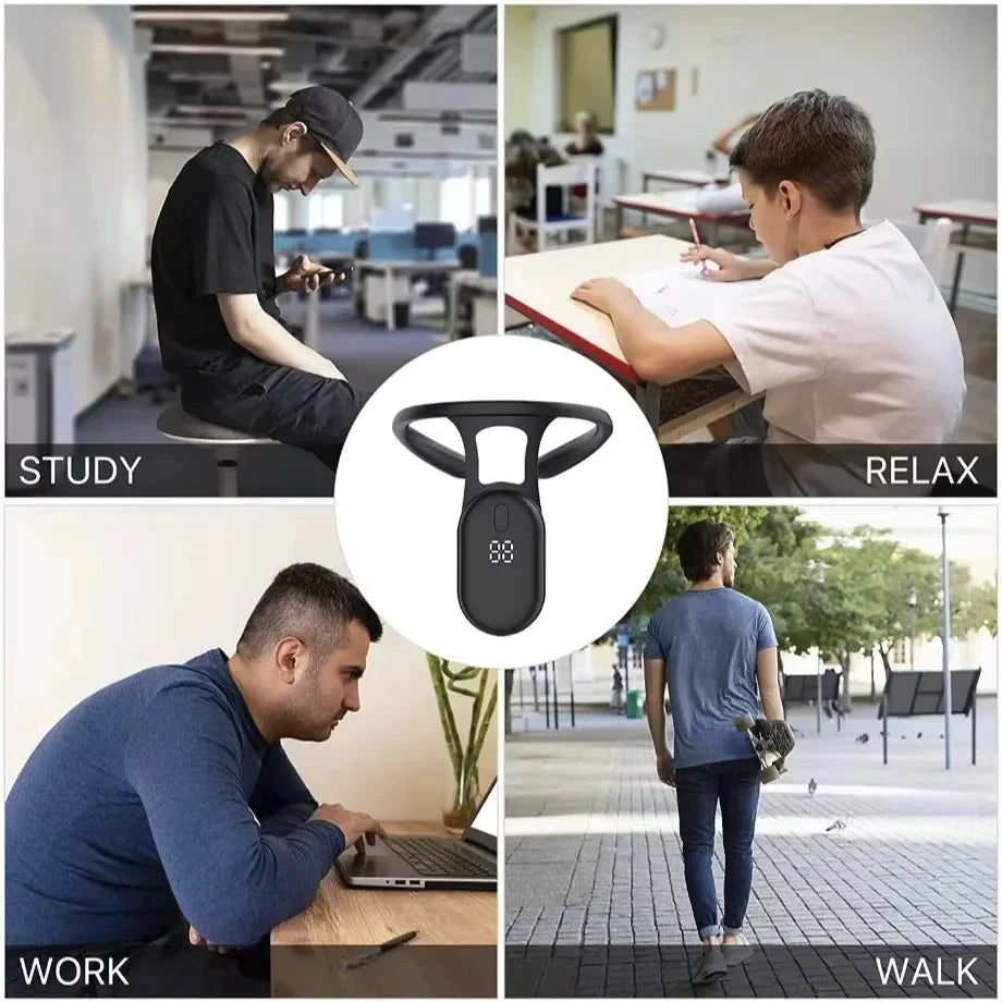 Smart posture corrector shown with four lifestyle activities—study, relax, work, and walk—highlighting its versatile use across daily routines