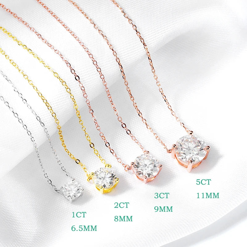 Smyoue solitaire necklace comparison showing 1CT to 5CT round-cut pendants in silver, gold, and rose gold chains—ideal for selecting preferred carat size and style