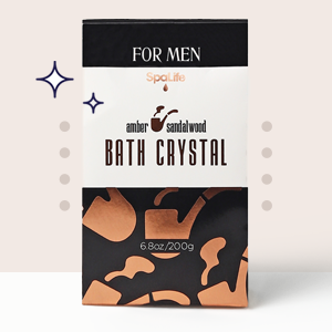 SpaLife amber sandalwood bath crystal for men—6.8oz package with modern black, white, and copper design for relaxing soak.