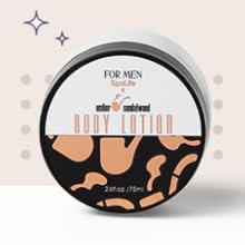 SpaLife cedar & sandalwood body lotion for men—2oz round container with modern black and tan design for daily moisturizing