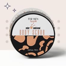 SpaLife amber sandalwood body scrub for men—2oz round container with black and peach design for exfoliating skincare routine