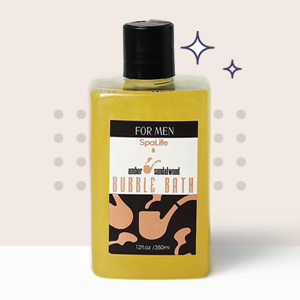 SpaLife bubble bath for men—amber & sandalwood scent in 12oz bottle with modern black and peach label design