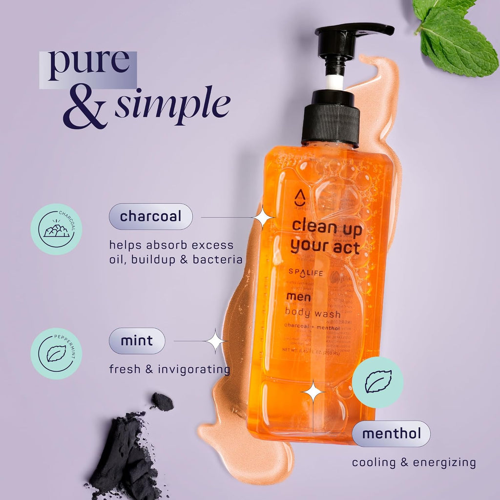 SpaLife Clean Up Your Act body wash with charcoal, mint, and menthol—refreshing formula for men’s skin with oil-absorbing and cooling benefits.