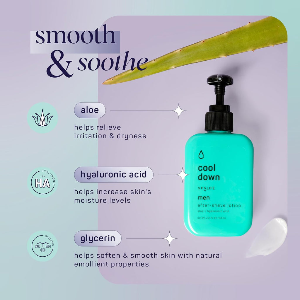 SpaLife Cool Down after-shave lotion with aloe, hyaluronic acid, and glycerin—soothes irritation and hydrates men’s skin post-shave.