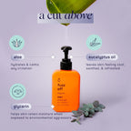 SpaLife Fuzz Off shave gel with aloe, eucalyptus, and glycerin—shown with natural elements and purple background for soothing men’s skincare.