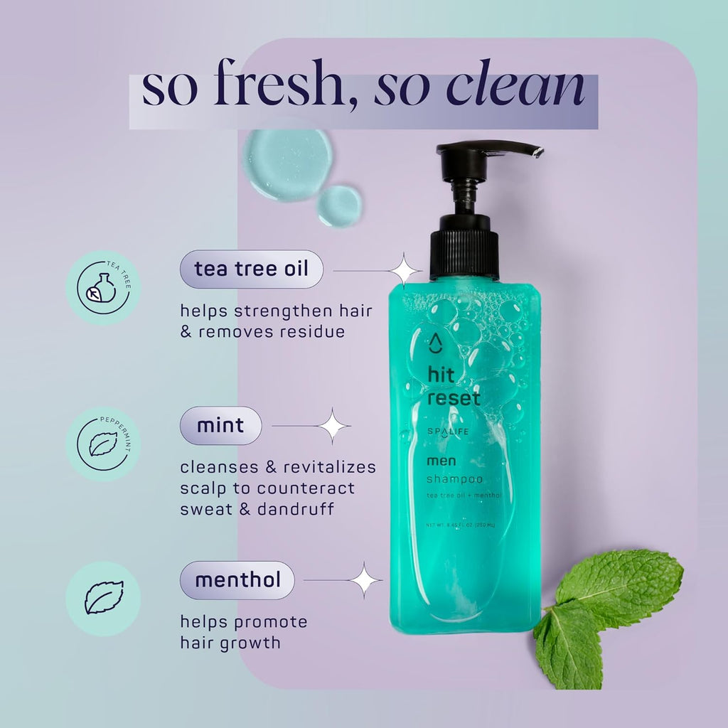 SpaLife Hit Reset men’s shampoo with tea tree, mint, and menthol—hydrates scalp, removes residue, and promotes fresh, clean hair.