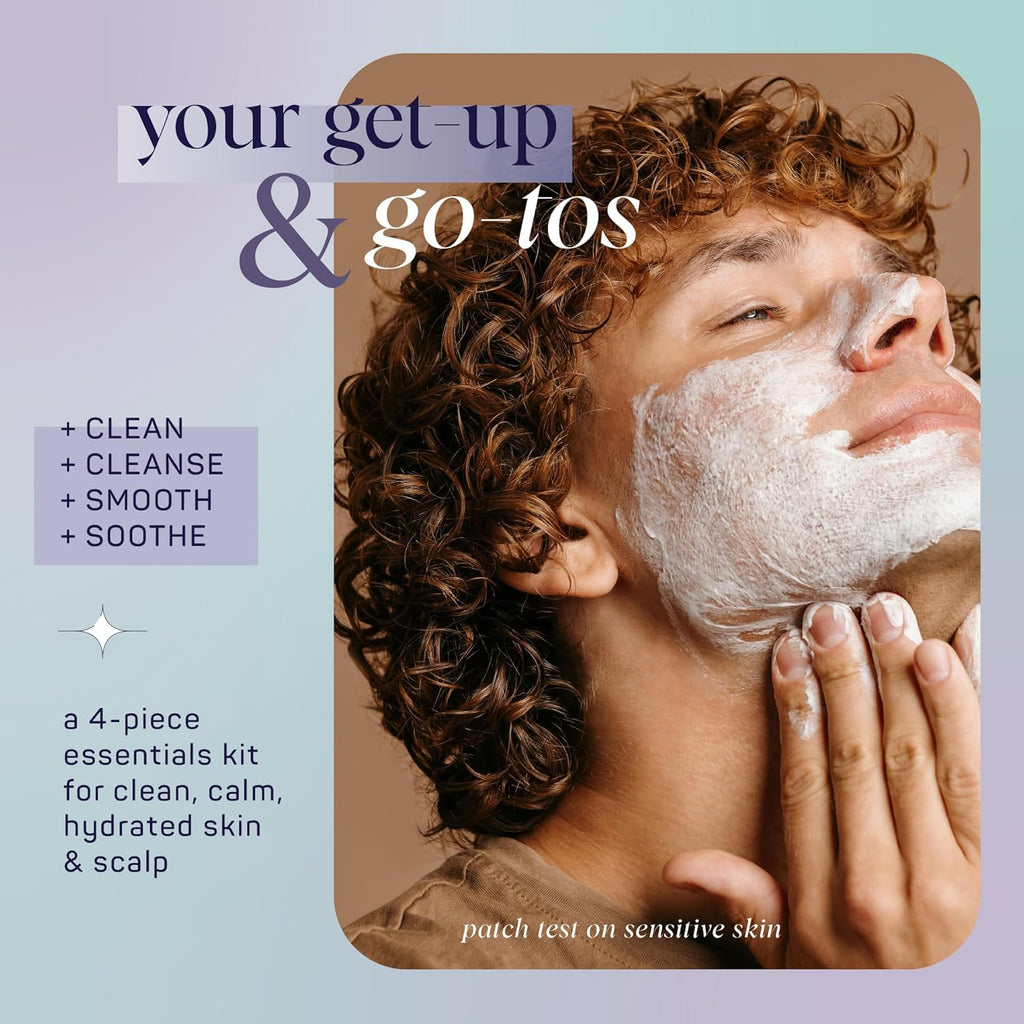 SpaLife men’s 4-piece essentials kit for clean, calm, hydrated skin and scalp—shown with foamy cleanser and skincare routine steps.