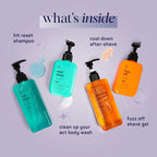 SpaLife men’s grooming set with shampoo, body wash, shave gel, and after-shave lotion—displayed with texture swatches on purple background.