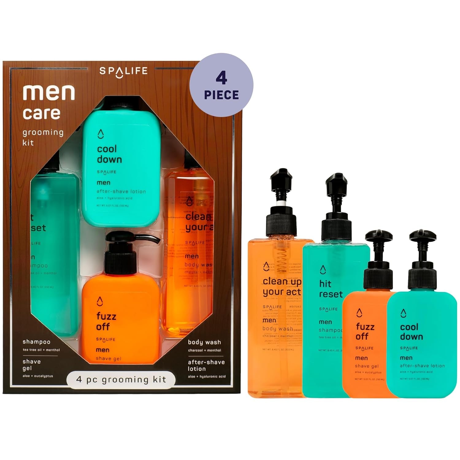 SpaLife 4-piece men’s grooming kit with shampoo, body wash, shave gel, and after-shave lotion in vibrant pump bottles.