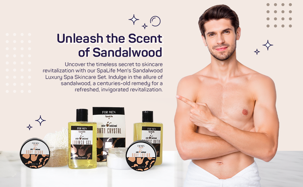 SpaLife Men's Sandalwood Luxury Spa Skincare Set—includes shave gel, body crystal, lotion, scrub, and mask with shirtless man in towel