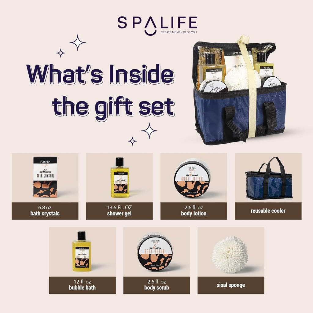 SpaLife men’s sandalwood spa gift set with reusable cooler—includes shower gel, bubble bath, body lotion, scrub, bath crystals, and sponge.