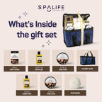 SpaLife men’s sandalwood spa gift set with reusable cooler—includes shower gel, bubble bath, body lotion, scrub, bath crystals, and sponge.