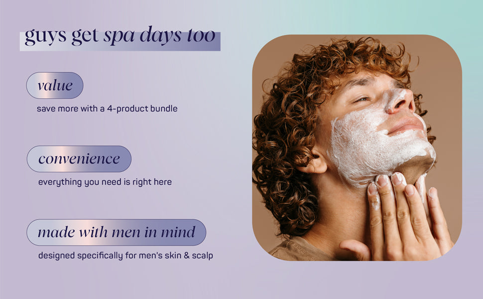 Man applying facial cream with SpaLife 4-piece grooming bundle—designed for men’s skin and scalp with hydrating, calming ingredients.