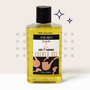 SpaLife amber & sandalwood shower gel for men—12oz bottle with modern black and peach label design for refreshing cleanse