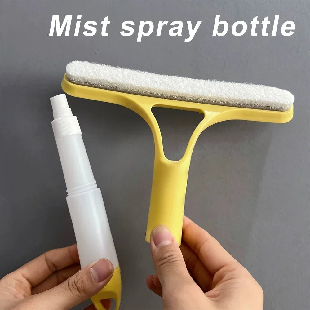 Yellow and white mist spray bottle with integrated scrubbing pad—multi-function cleaning tool for spraying and wiping glass, mirrors, and smooth surfaces